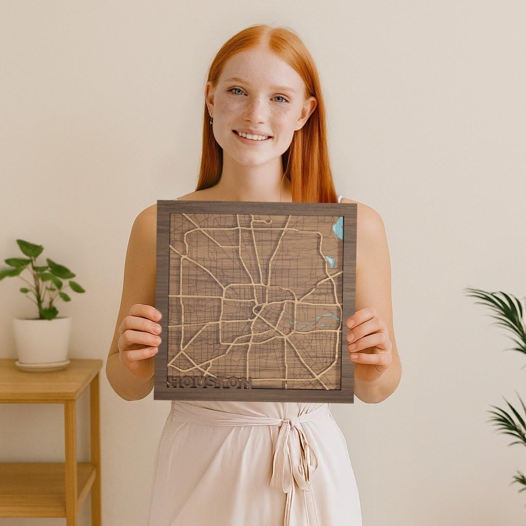 Houston, Texas, Men Gifts For Anniversary, 3d Wood Map - Handmade in the USA - H-Town, TX Gift and Souvenir