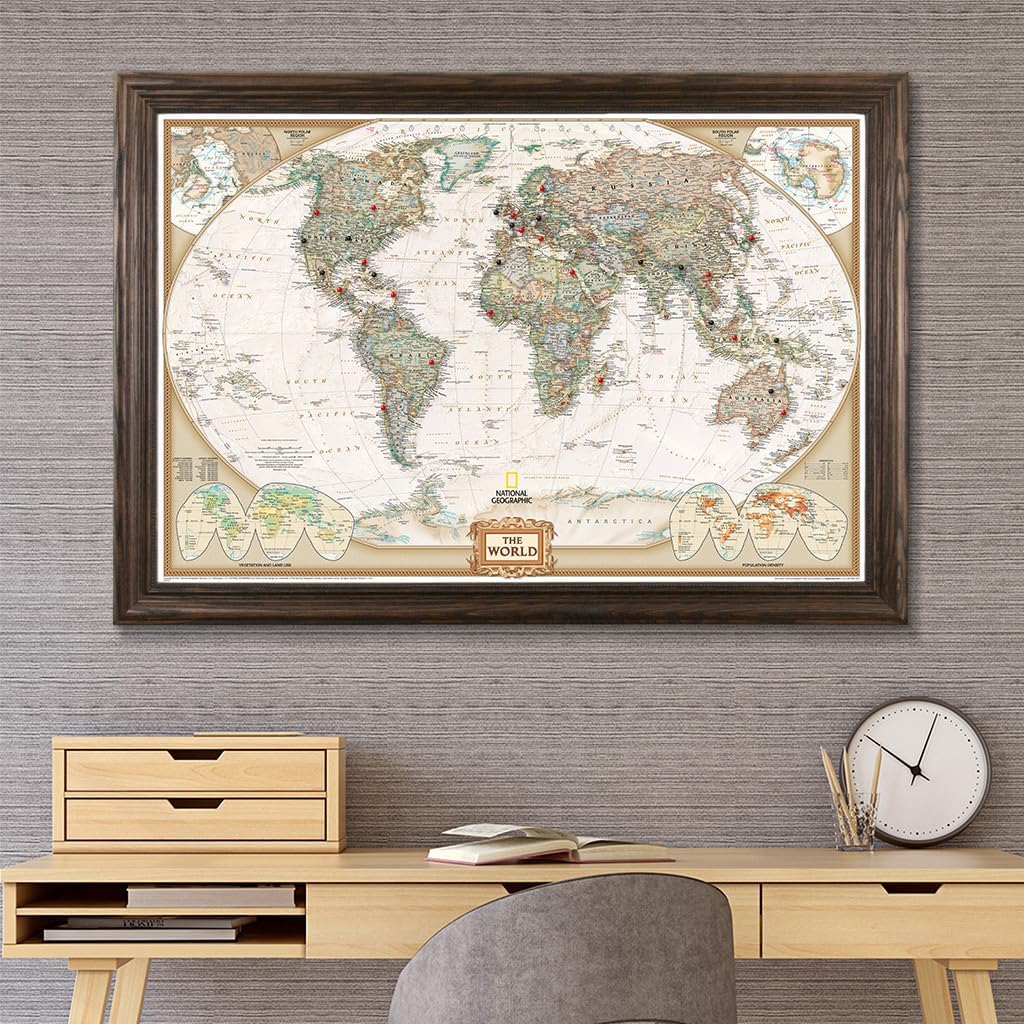 Push Pin Travel Maps Customizable Wall Art - Executive World - Solid Wood Brown - Framed Pin Map, Includes 150 Pins - Handcrafted in USA - 27.5" x 39.5"