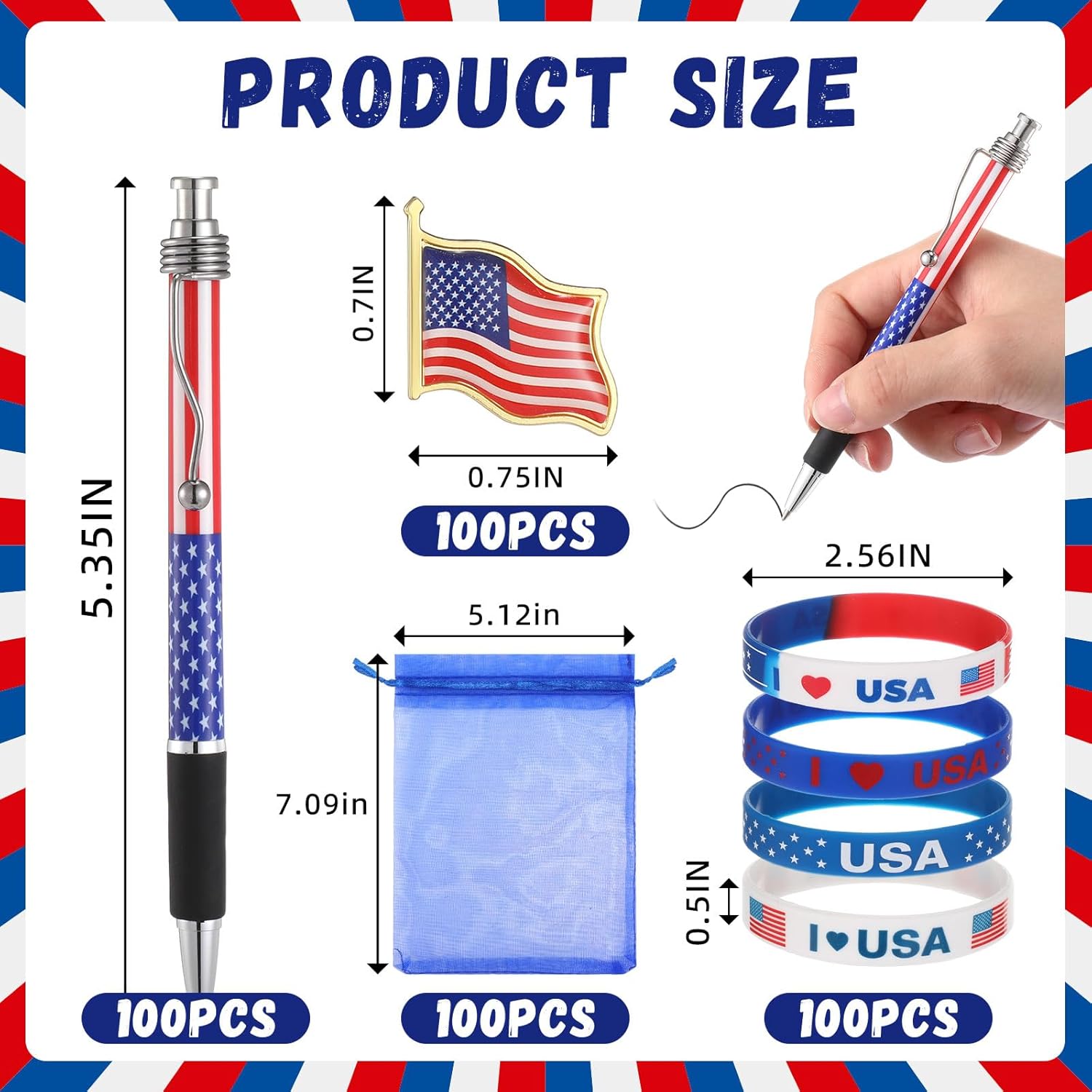 400pcs American Patriotic Gift Bulk USA Patriotic Pens American Flag Lapel Pins Bracelets Organza Gift Bag Set for Veterans Day Independence July 4th Memorial Day Supplies(Basic)