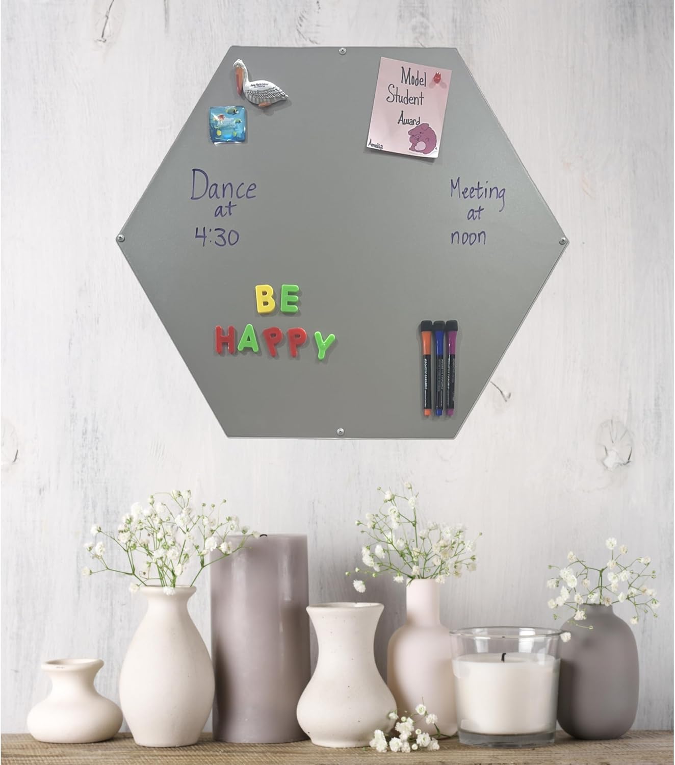 Hexagon Magnetic Metallic Silver Board – 23.4"x27" Frameless Low-Profile Steel | Magnetic Board for Wall Display | Metal Board for Magnets | Made in USA