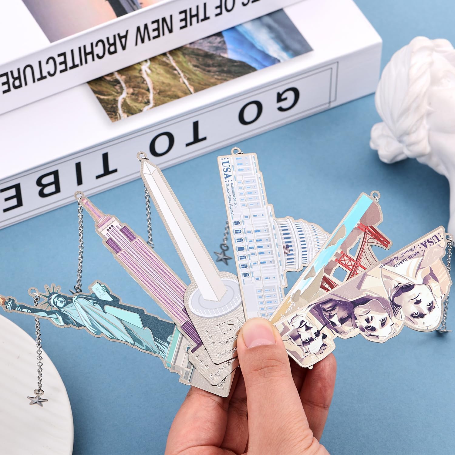 6 Pcs Silver Metal Bookmarks, Elegant Statue of Liberty America Famous Landmark Building Theme Bookmark for Women, USA Commemorate Bookmark Gift for Book Lovers Writers Readers Girls Teenage Children