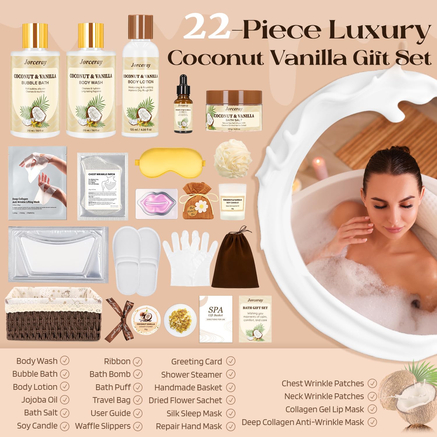 Bath and Body Gift Basket Set for Women - Coconut Vanilla Spa Gift Basket for Women 22pcs Luxury Bath Gift Set with Shower Gel Self Care Pampering Gifts for Mothers Day, Christmas, Birthday Gifts