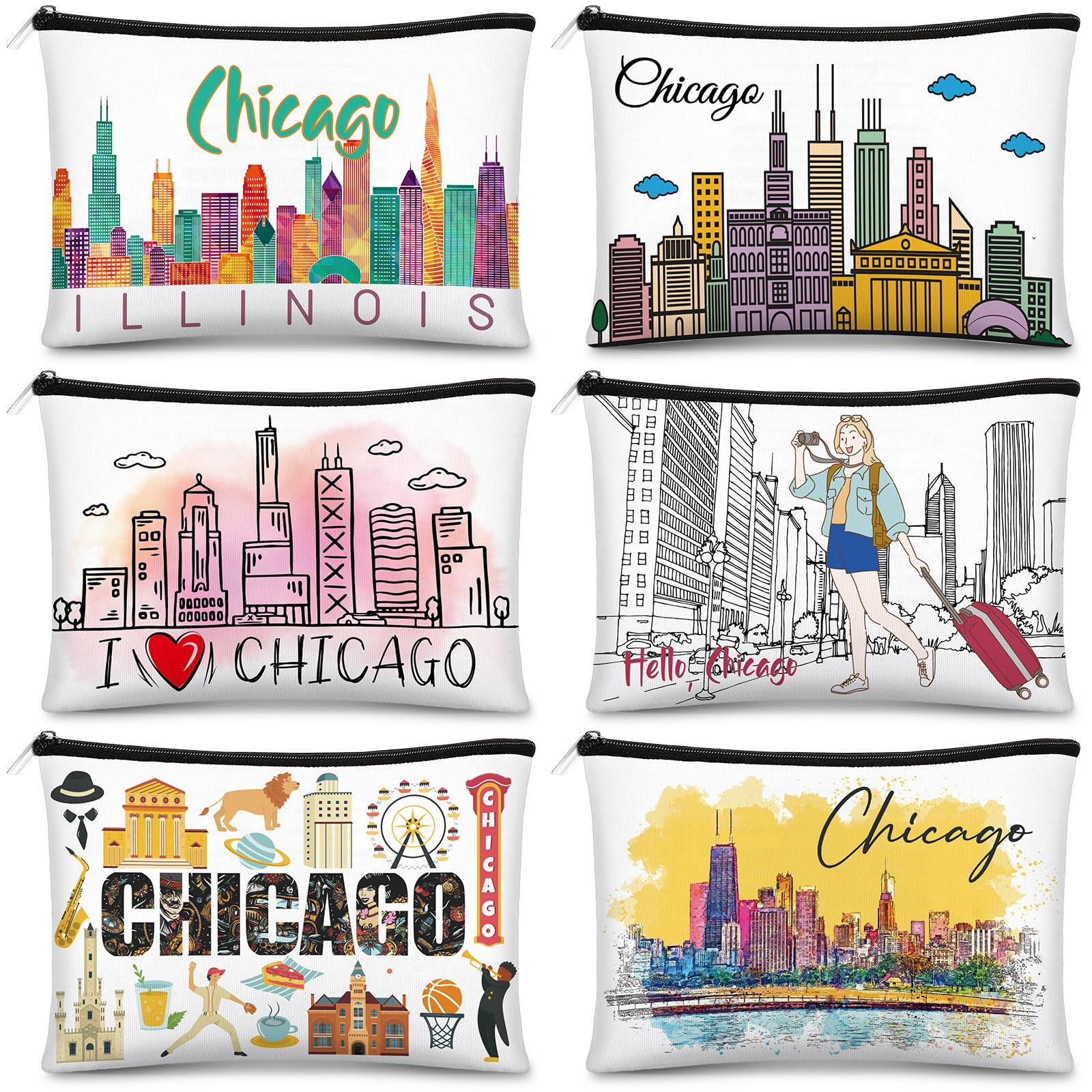Reginary 6 Pcs City Cosmetic Bag Souvenir Gifts New York Zipper Pouch Chicago Souvenir Seattle Boston Nashville London Paris Italy Alaska Gifts Memento for Women Traveler(New York)