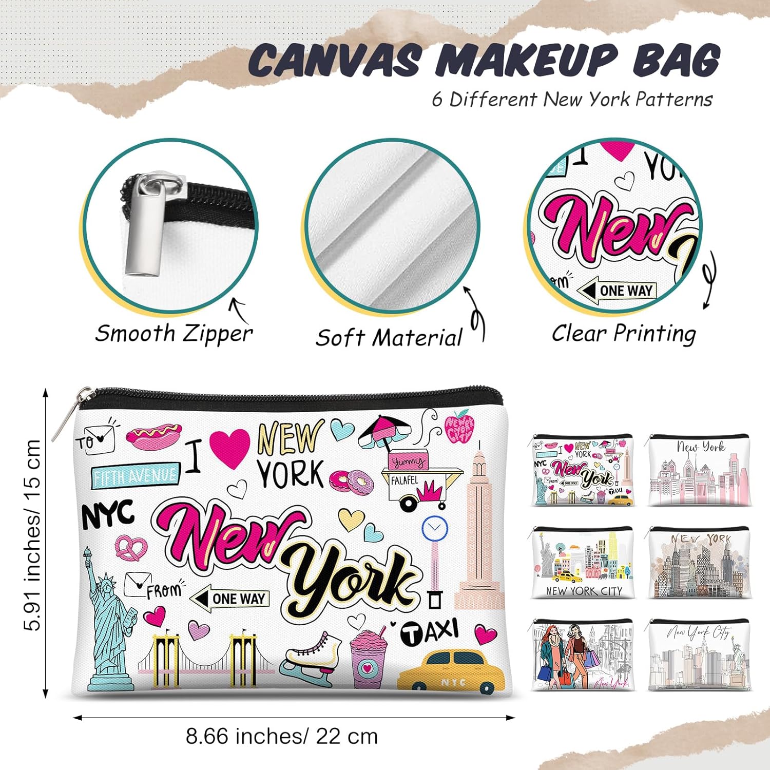 Reginary 6 Pcs City Cosmetic Bag Souvenir Gifts New York Zipper Pouch Chicago Souvenir Seattle Boston Nashville London Paris Italy Alaska Gifts Memento for Women Traveler(New York)