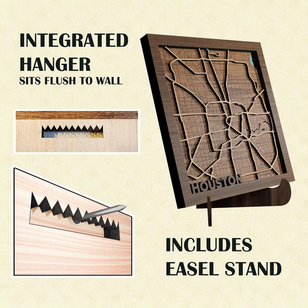 Houston, Texas, Men Gifts For Anniversary, 3d Wood Map - Handmade in the USA - H-Town, TX Gift and Souvenir