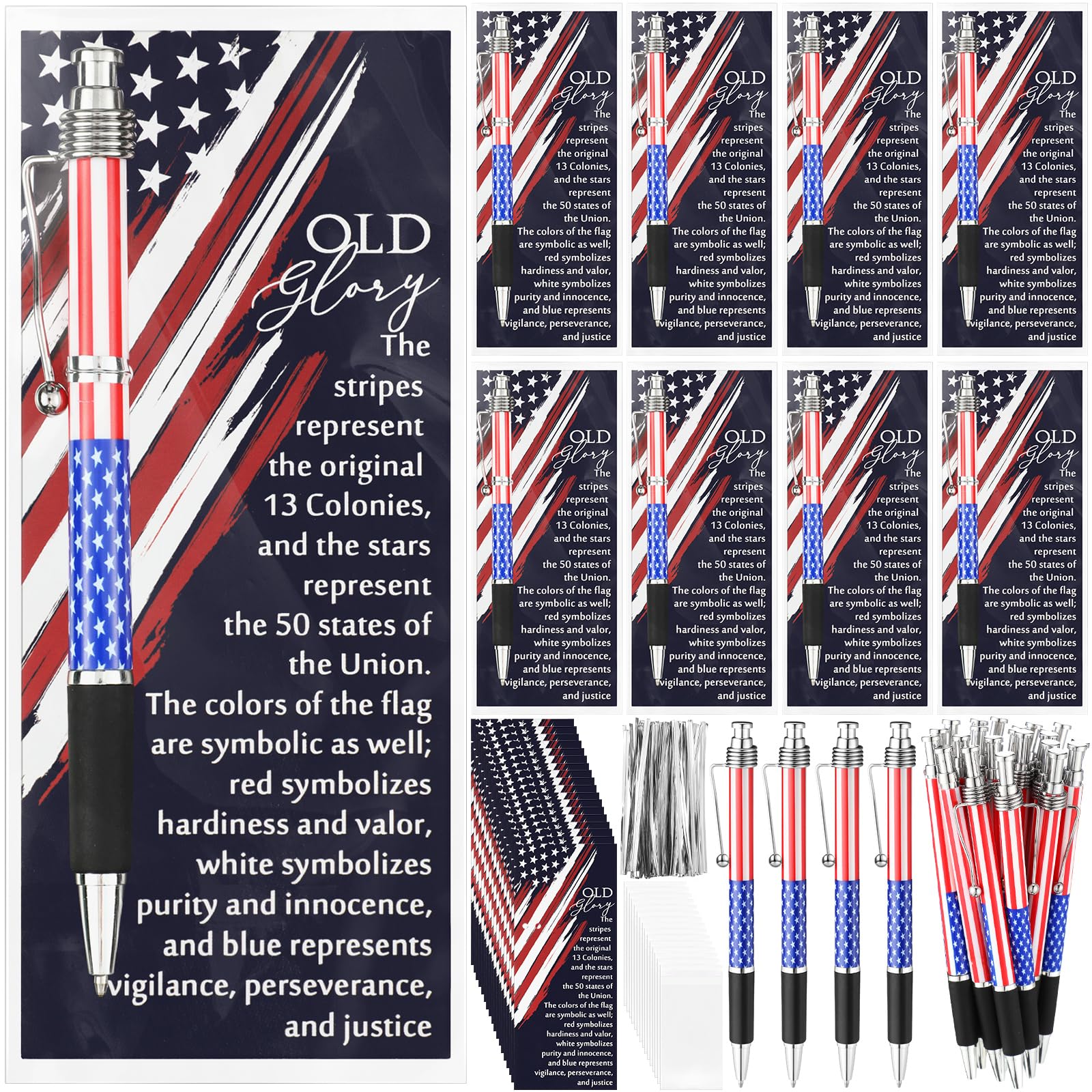 300 Sets Veterans Day Gifts Bulk American Flag Ballpoint Pens USA Patriotic Themed Black Ink Retractable Pen Stars Stripes Bookmarks Cards Stationery for Home Office Party Supplies Souvenirs