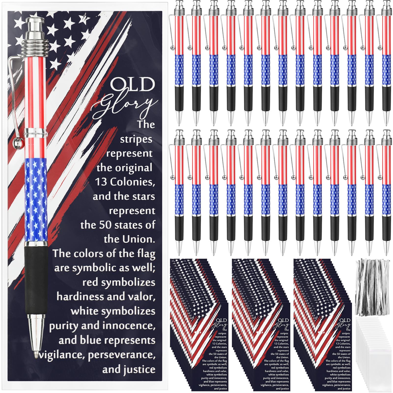 300 Sets Veterans Day Gifts Bulk American Flag Ballpoint Pens USA Patriotic Themed Black Ink Retractable Pen Stars Stripes Bookmarks Cards Stationery for Home Office Party Supplies Souvenirs