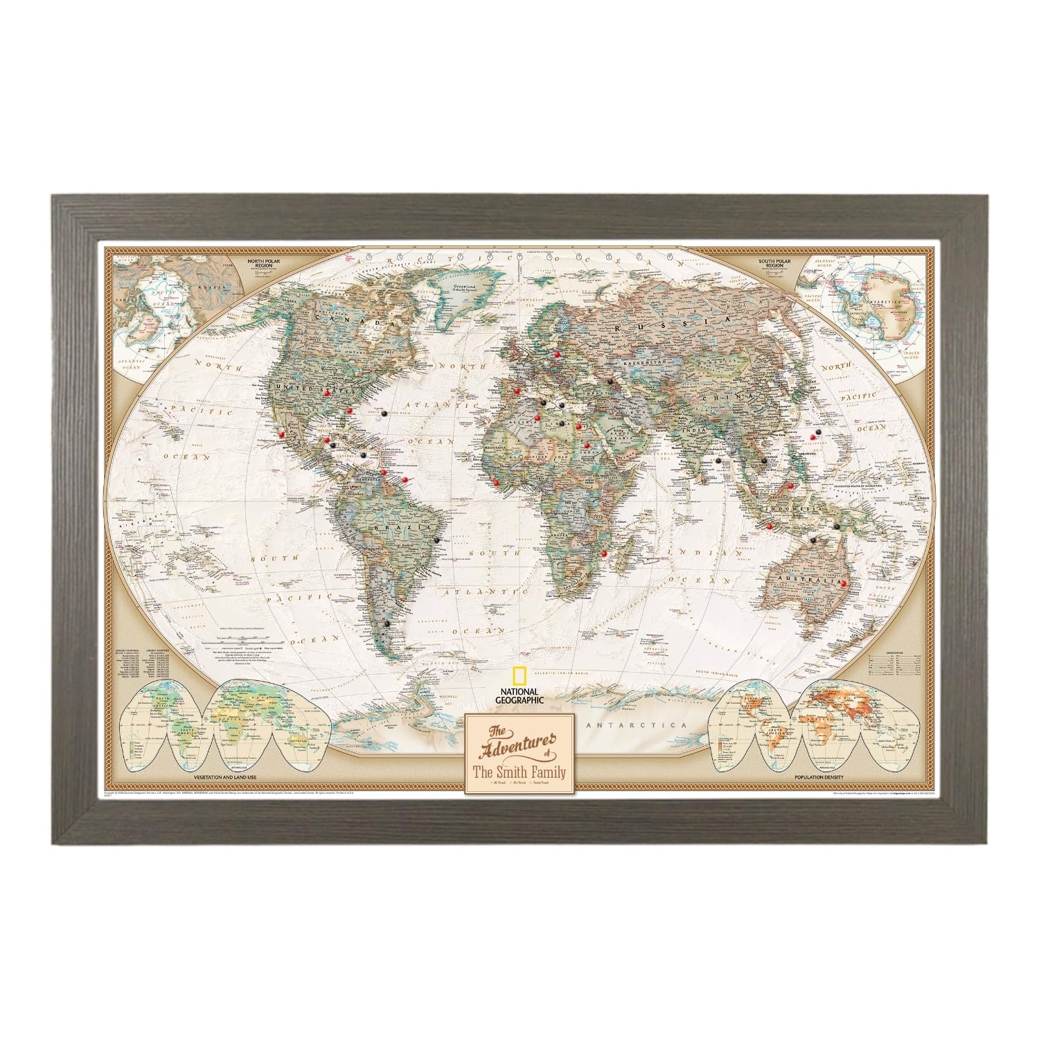Push Pin Travel Maps Customizable Wall Art - Executive World - Barnwood Gray - Framed Pin Map, Includes 150 Pins - Handcrafted in USA - 27.5" x 39.5"
