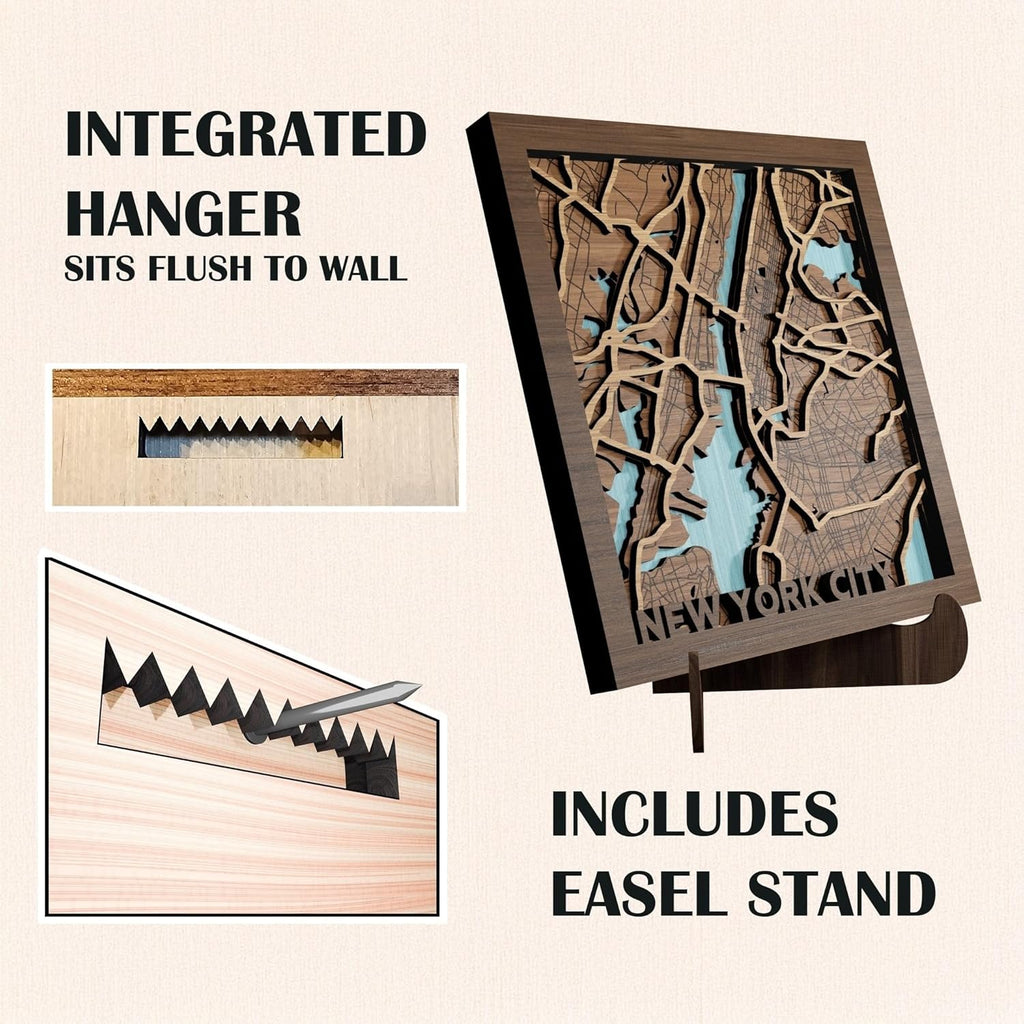 New York City, New York, Wall Art, Handmade in the USA - 3d Wooden Map - NYC, NY Gift and Souvenir