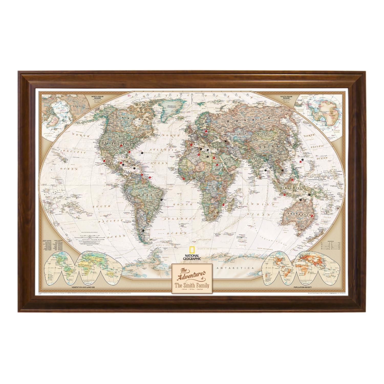 Push Pin Travel Maps Customizable Wall Art - Executive World - Solid Wood Brown - Framed Pin Map, Includes 150 Pins - Handcrafted in USA - 27.5" x 39.5"
