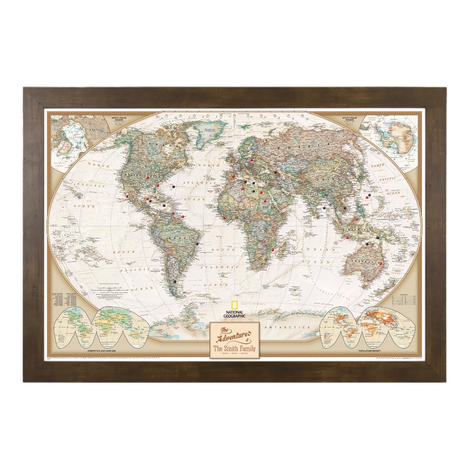Push Pin Travel Maps Customizable Wall Art - Executive World - Solid Wood Brown - Framed Pin Map, Includes 150 Pins - Handcrafted in USA - 27.5" x 39.5"
