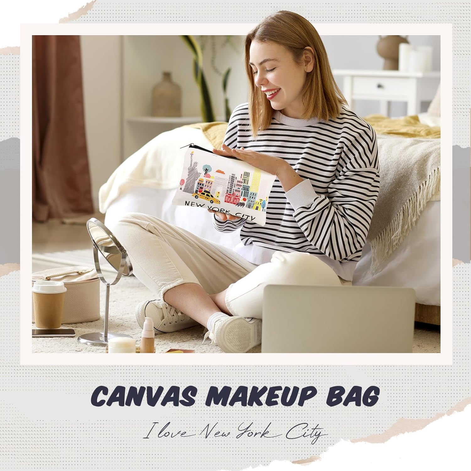 Reginary 6 Pcs City Cosmetic Bag Souvenir Gifts New York Zipper Pouch Chicago Souvenir Seattle Boston Nashville London Paris Italy Alaska Gifts Memento for Women Traveler(New York)