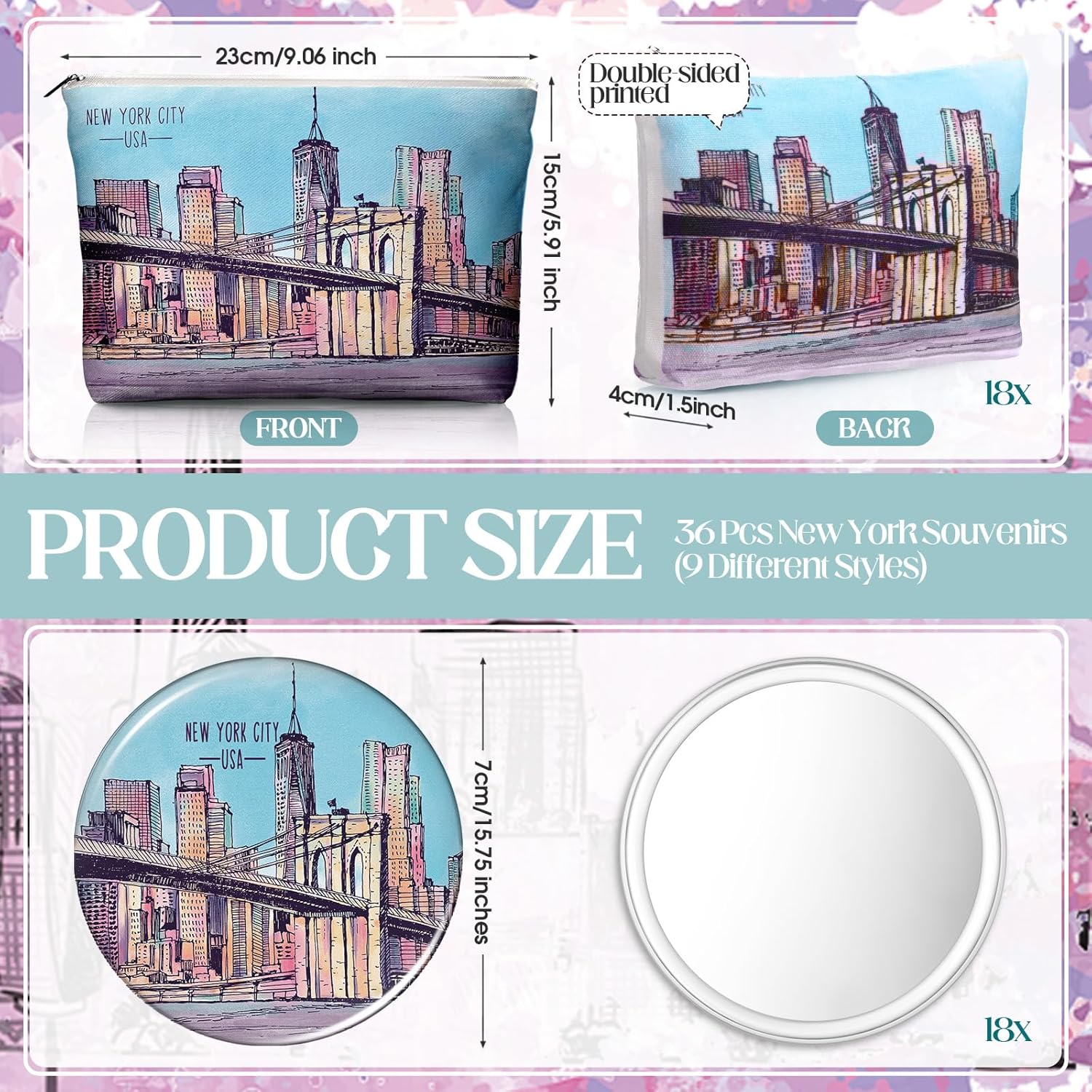 36 Set New York Souvenirs Gifts Include City Cosmetic Bag Bulk New York Makeup Bag Nyc Souvenirs from USA Makeup Mirrors for Women Traveler Birthday Party Favors Trip Journey Gifts
