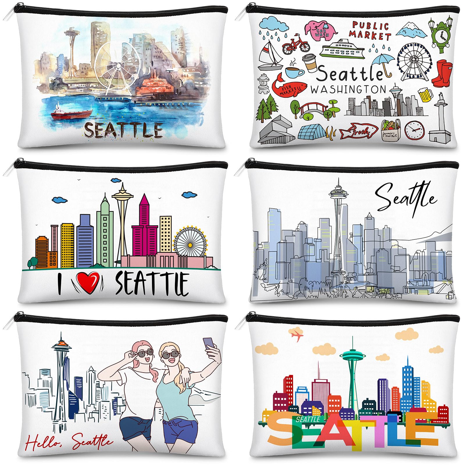 Reginary 6 Pcs City Cosmetic Bag Souvenir Gifts New York Zipper Pouch Chicago Souvenir Seattle Boston Nashville London Paris Italy Alaska Gifts Memento for Women Traveler(New York)