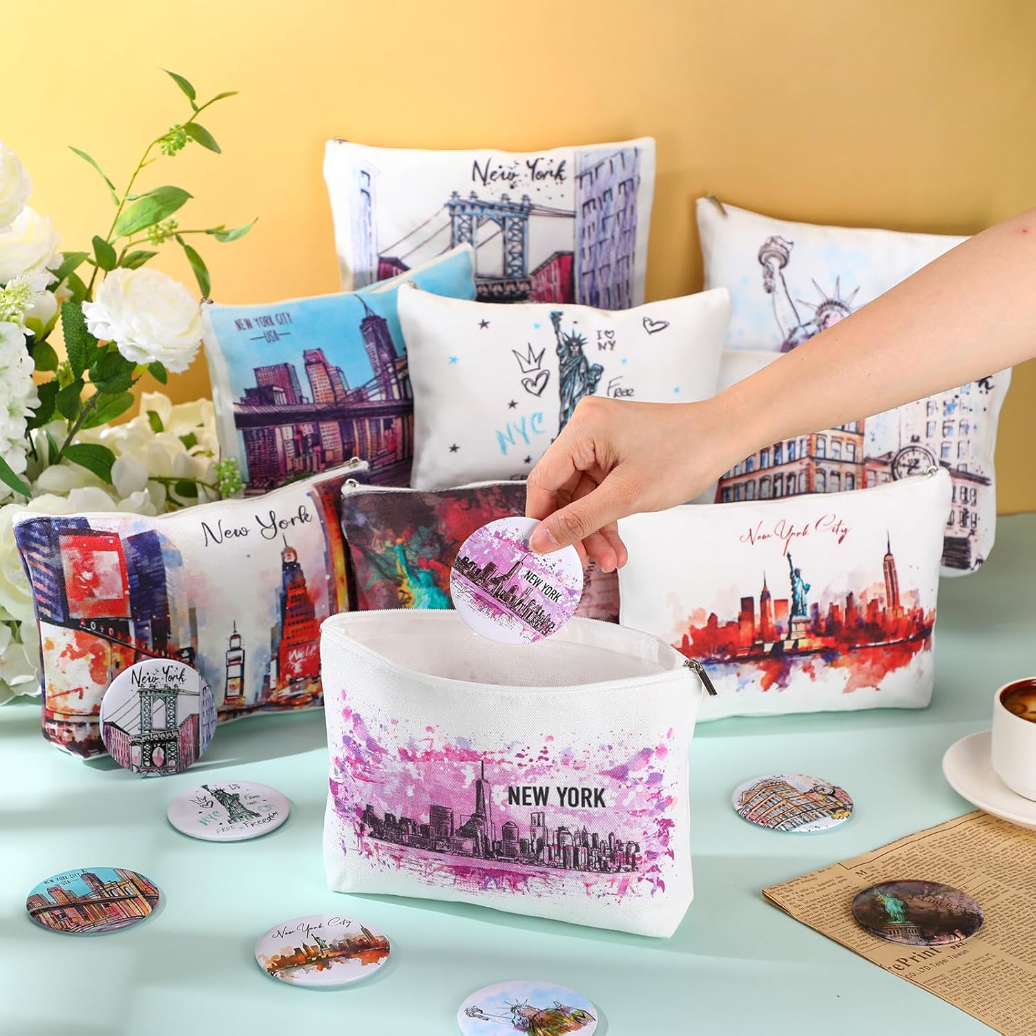 36 Set New York Souvenirs Gifts Include City Cosmetic Bag Bulk New York Makeup Bag Nyc Souvenirs from USA Makeup Mirrors for Women Traveler Birthday Party Favors Trip Journey Gifts