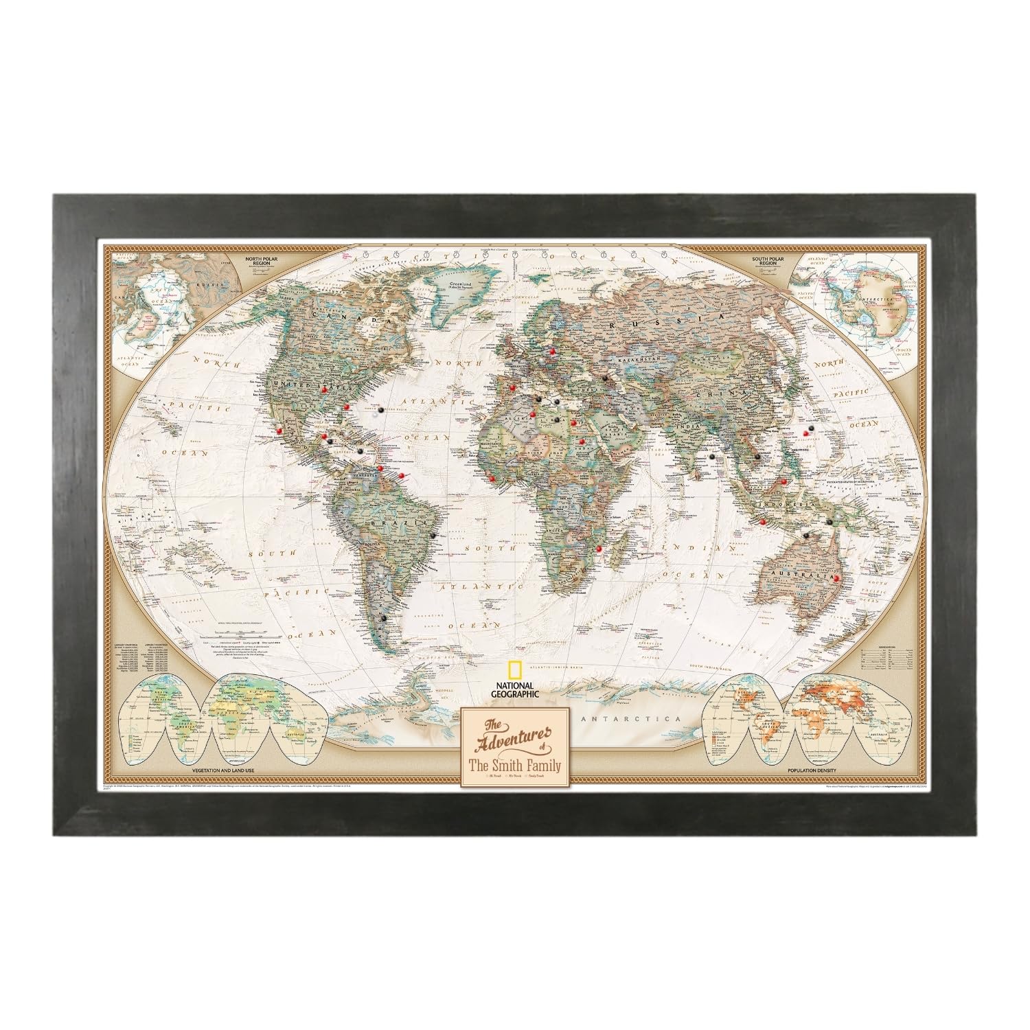 Push Pin Travel Maps Customizable Wall Art - Executive World - Solid Wood Brown - Framed Pin Map, Includes 150 Pins - Handcrafted in USA - 27.5" x 39.5"
