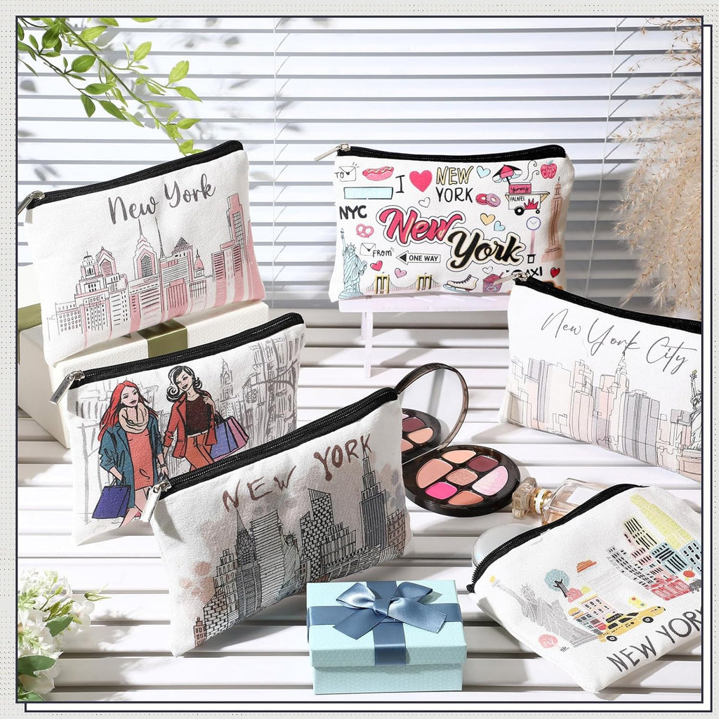 Reginary 6 Pcs City Cosmetic Bag Souvenir Gifts New York Zipper Pouch Chicago Souvenir Seattle Boston Nashville London Paris Italy Alaska Gifts Memento for Women Traveler(New York)