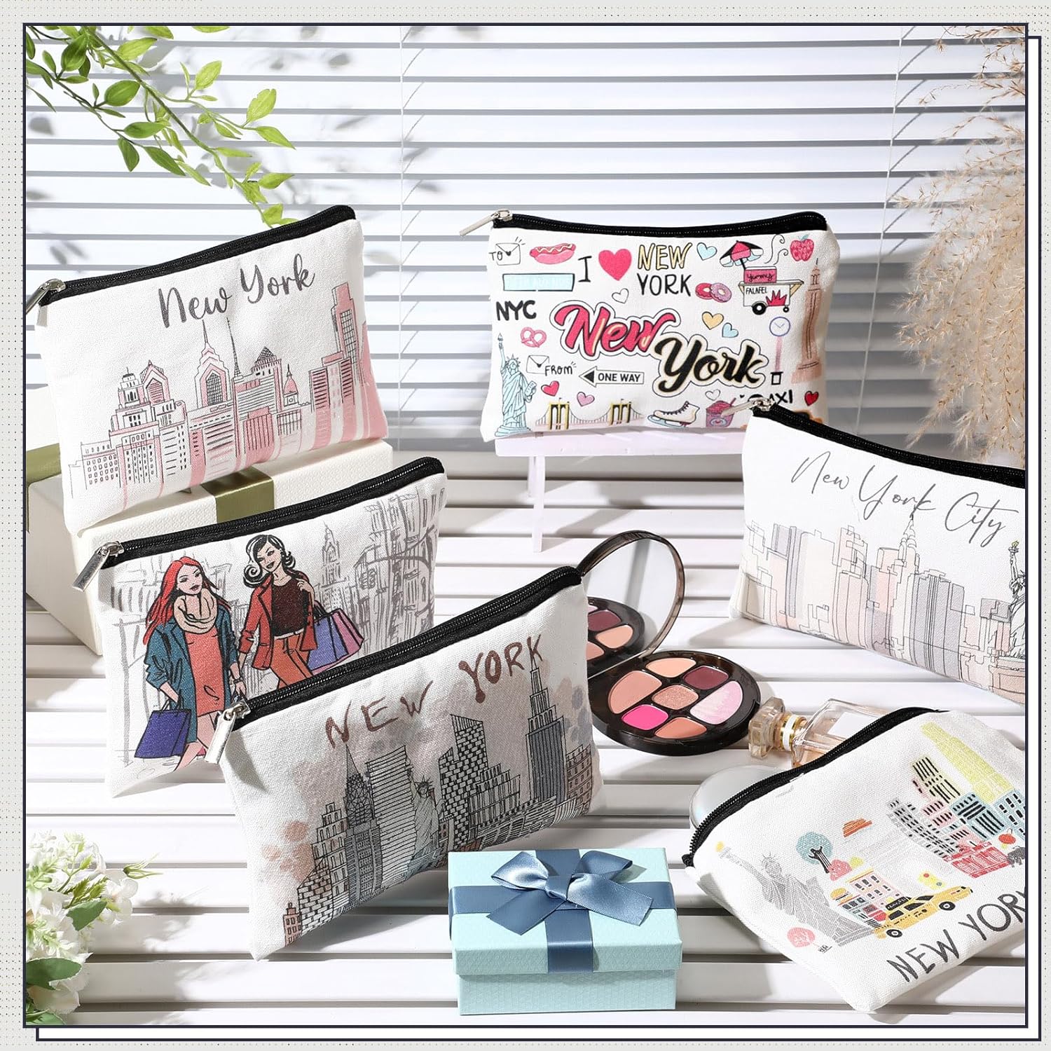 Reginary 6 Pcs City Cosmetic Bag Souvenir Gifts New York Zipper Pouch Chicago Souvenir Seattle Boston Nashville London Paris Italy Alaska Gifts Memento for Women Traveler(New York)
