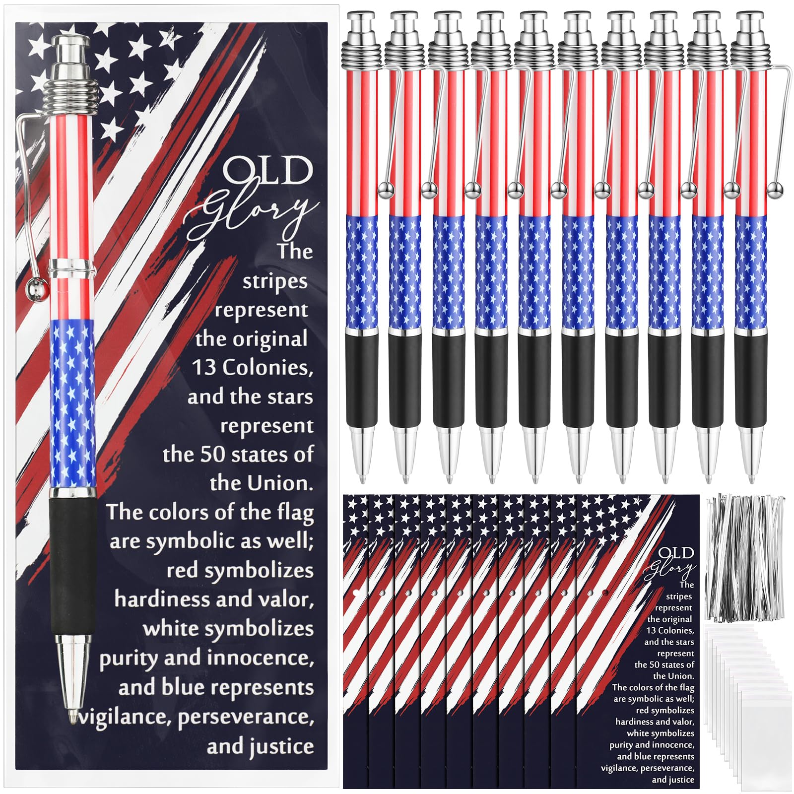 300 Sets Veterans Day Gifts Bulk American Flag Ballpoint Pens USA Patriotic Themed Black Ink Retractable Pen Stars Stripes Bookmarks Cards Stationery for Home Office Party Supplies Souvenirs