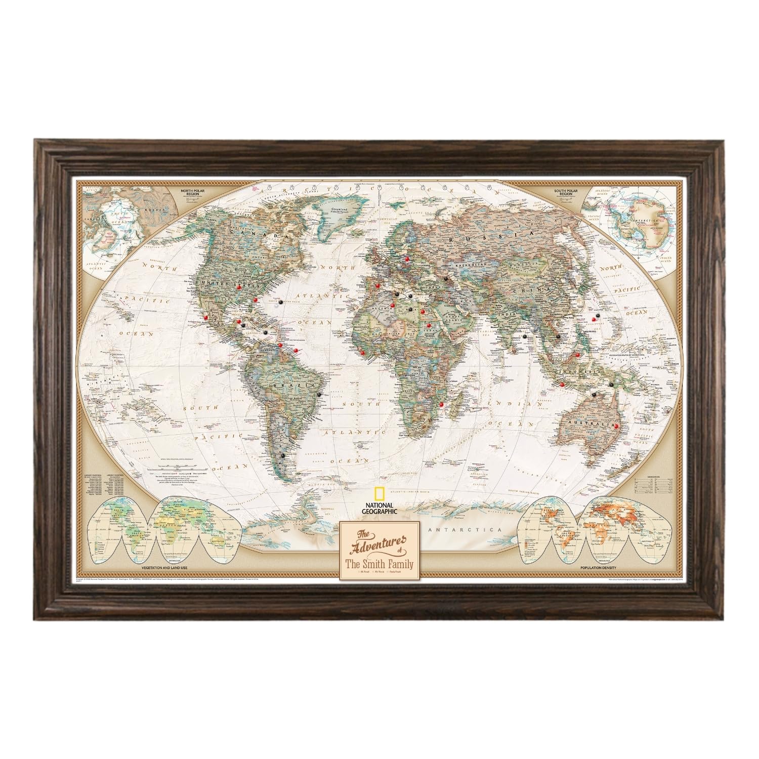 Push Pin Travel Maps Customizable Wall Art - Executive World - Solid Wood Brown - Framed Pin Map, Includes 150 Pins - Handcrafted in USA - 27.5" x 39.5"
