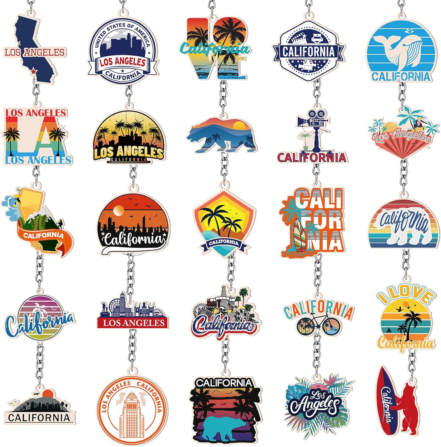 Sureio 25 Pcs usa Keychain gifts Bulk California Chicago texas Los Angeles Collectible Souvenirs Metal Keychain