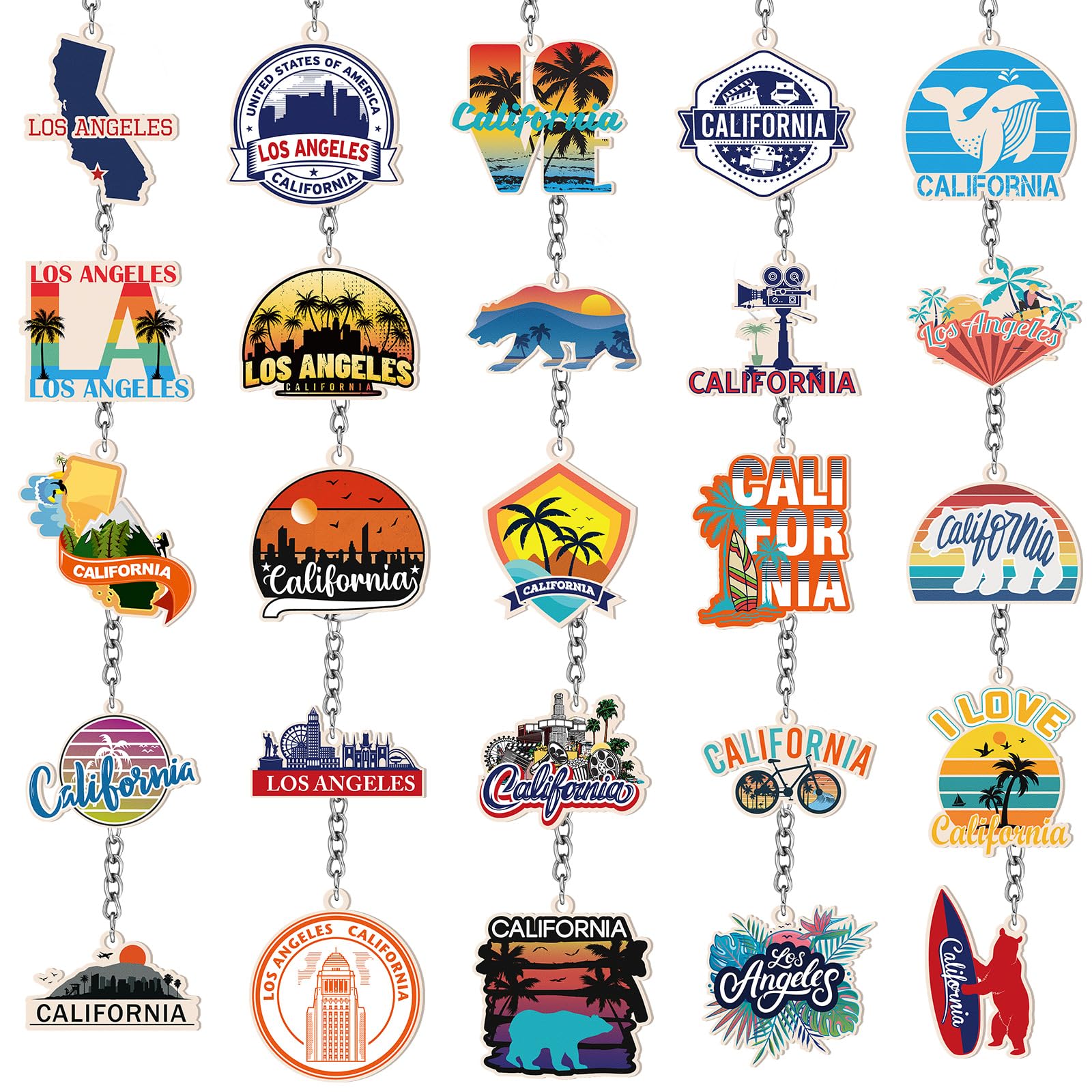 Sureio 25 Pcs usa Keychain gifts Bulk California Chicago texas Los Angeles Collectible Souvenirs Metal Keychain