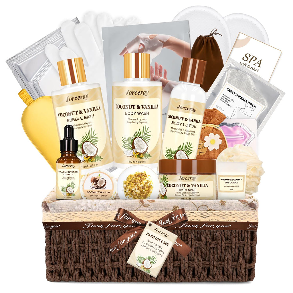Bath and Body Gift Basket Set for Women - Coconut Vanilla Spa Gift Basket for Women 22pcs Luxury Bath Gift Set with Shower Gel Self Care Pampering Gifts for Mothers Day, Christmas, Birthday Gifts