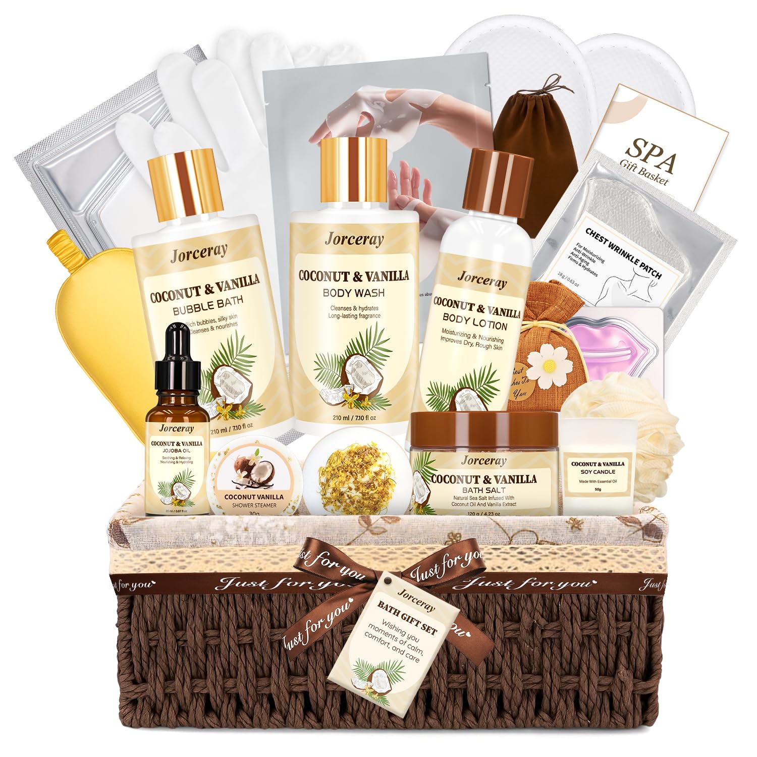 Bath and Body Gift Basket Set for Women - Coconut Vanilla Spa Gift Basket for Women 22pcs Luxury Bath Gift Set with Shower Gel Self Care Pampering Gifts for Mothers Day, Christmas, Birthday Gifts