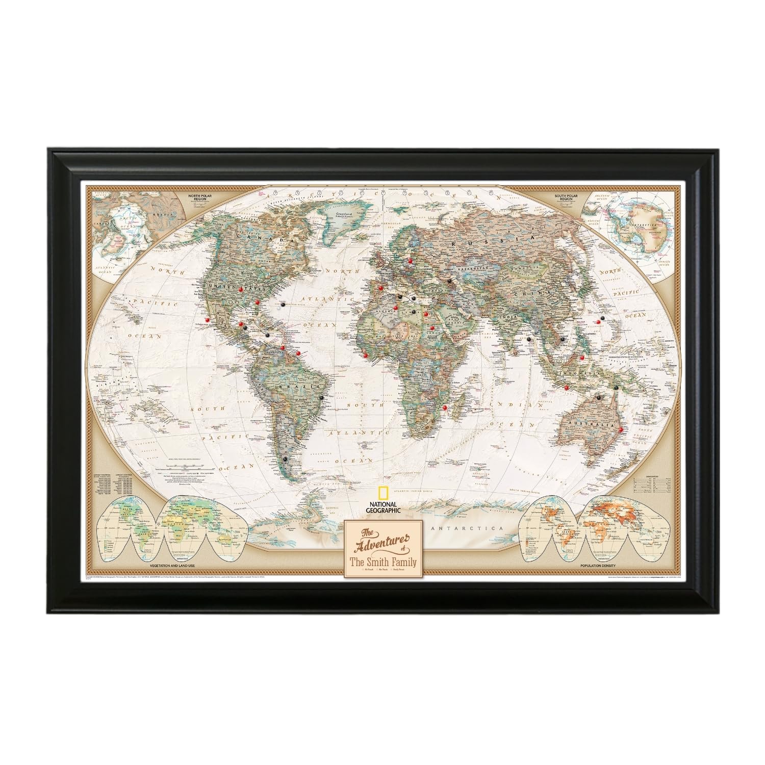 Push Pin Travel Maps Customizable Wall Art - Executive World - Solid Wood Brown - Framed Pin Map, Includes 150 Pins - Handcrafted in USA - 27.5" x 39.5"