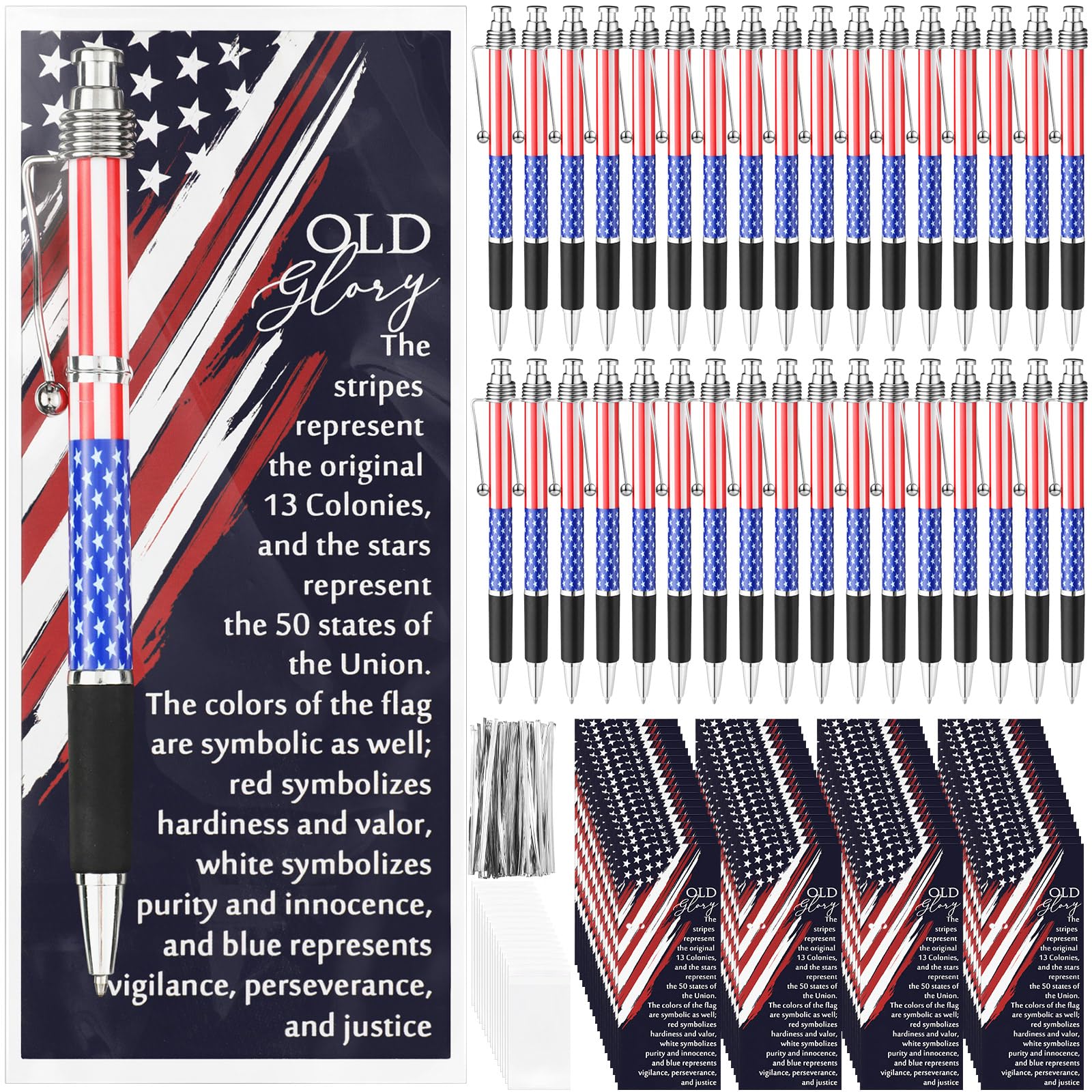 300 Sets Veterans Day Gifts Bulk American Flag Ballpoint Pens USA Patriotic Themed Black Ink Retractable Pen Stars Stripes Bookmarks Cards Stationery for Home Office Party Supplies Souvenirs