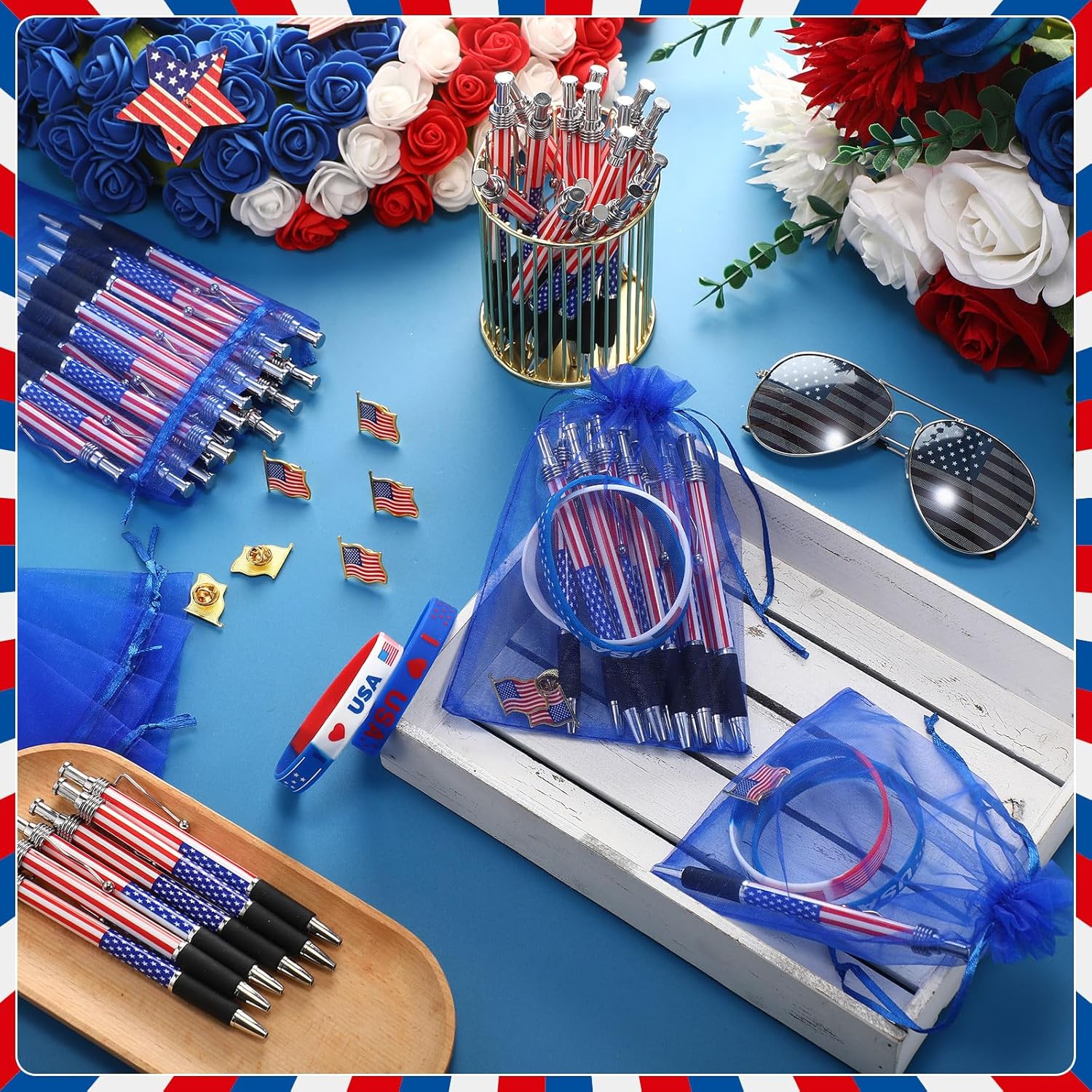 400pcs American Patriotic Gift Bulk USA Patriotic Pens American Flag Lapel Pins Bracelets Organza Gift Bag Set for Veterans Day Independence July 4th Memorial Day Supplies(Basic)