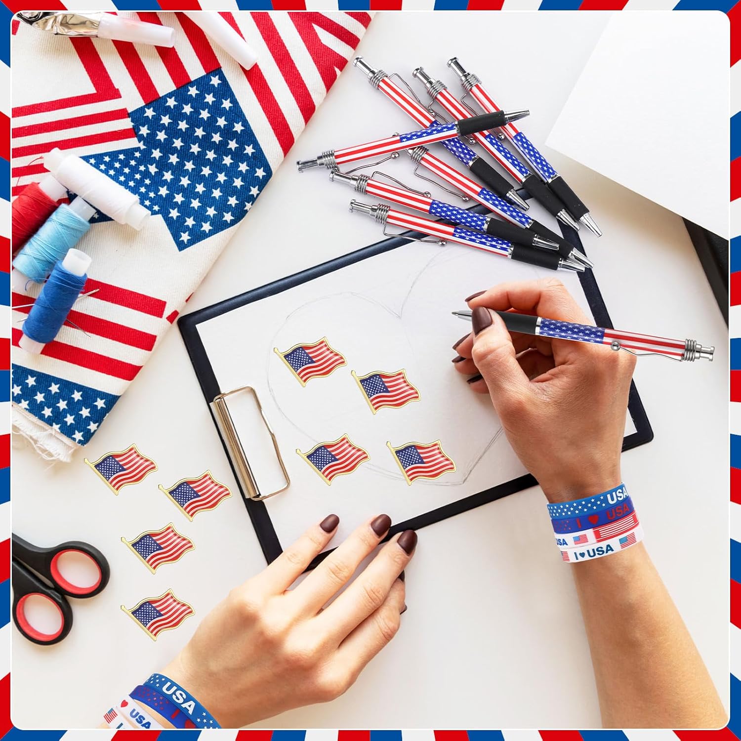 400pcs American Patriotic Gift Bulk USA Patriotic Pens American Flag Lapel Pins Bracelets Organza Gift Bag Set for Veterans Day Independence July 4th Memorial Day Supplies(Basic)
