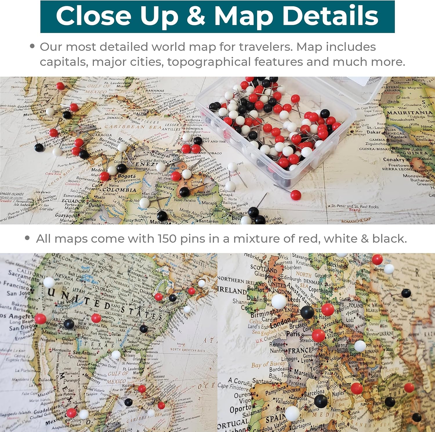Push Pin Travel Maps Customizable Wall Art - Executive World - Solid Wood Brown - Framed Pin Map, Includes 150 Pins - Handcrafted in USA - 27.5" x 39.5"