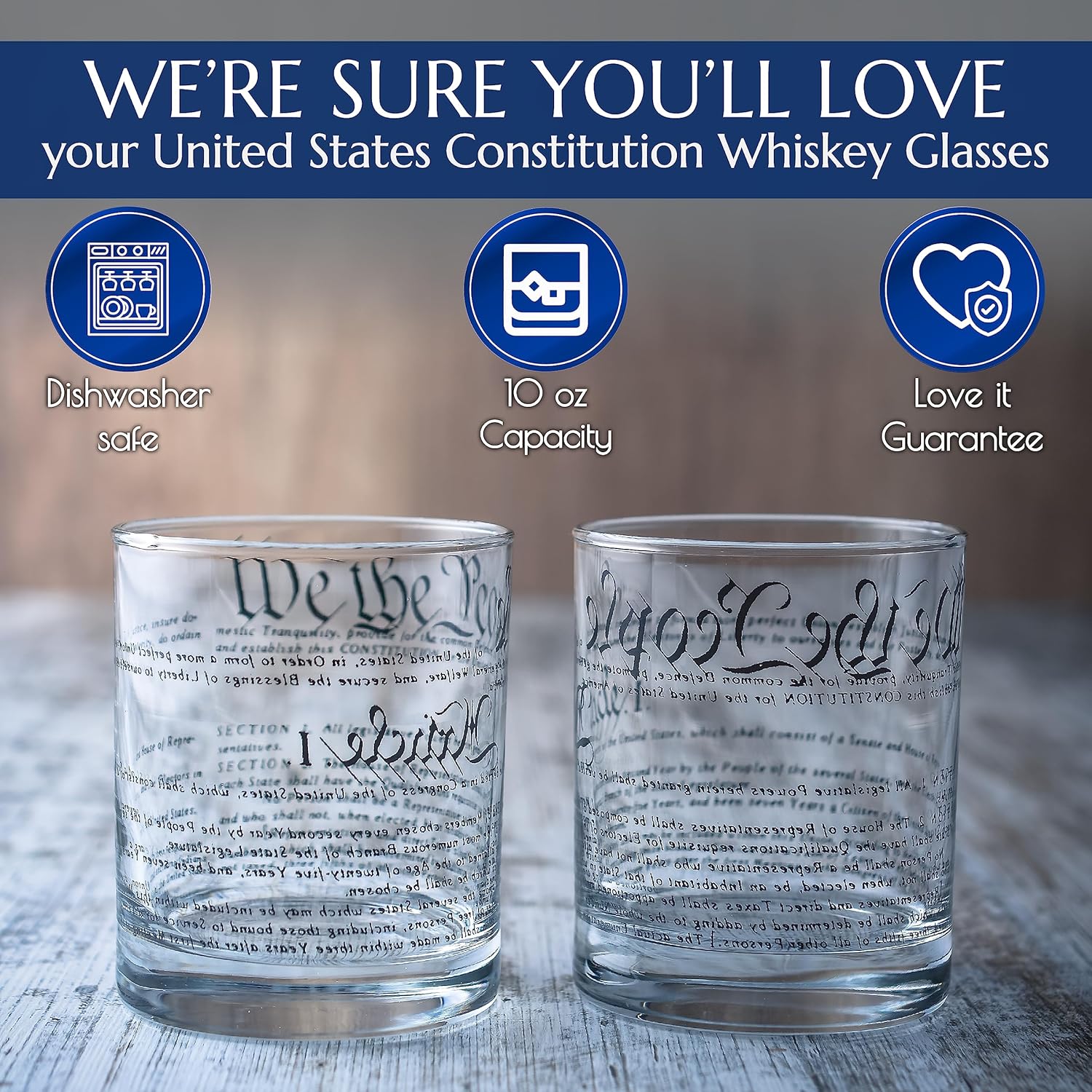 Greenline Goods Whiskey Glasses – United States Constitution We The People (Set of 2) - 10 oz Tumblers - American US Patriotic Gift Set - Old Fashioned Cocktail Glasses