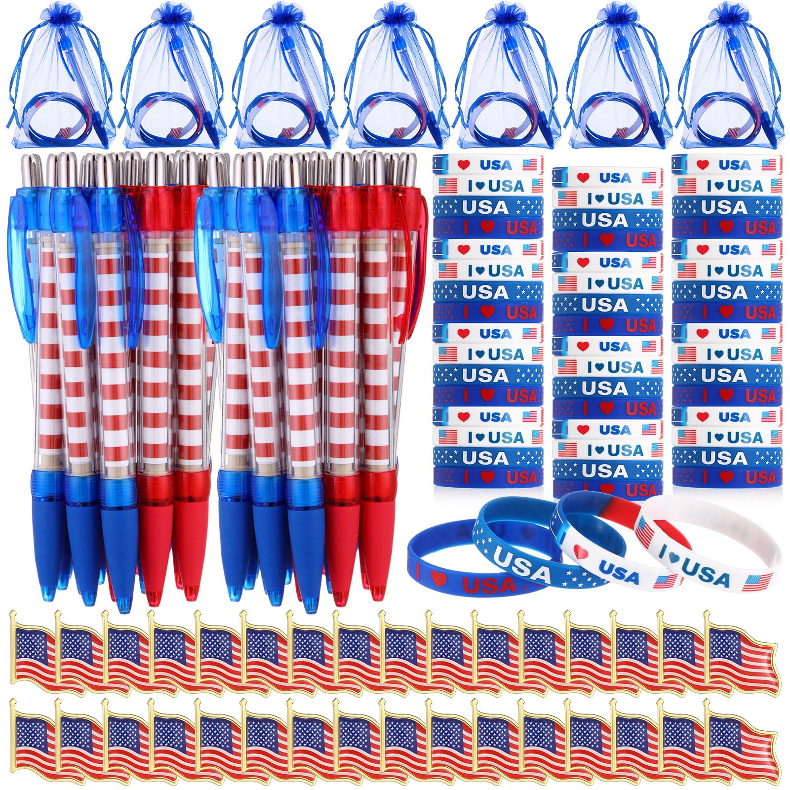 400pcs American Patriotic Gift Bulk USA Patriotic Pens American Flag Lapel Pins Bracelets Organza Gift Bag Set for Veterans Day Independence July 4th Memorial Day Supplies(Basic)