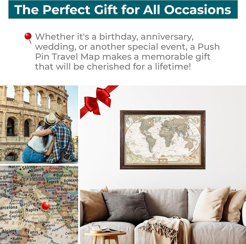 Push Pin Travel Maps Customizable Wall Art - Executive World - Solid Wood Brown - Framed Pin Map, Includes 150 Pins - Handcrafted in USA - 27.5" x 39.5"