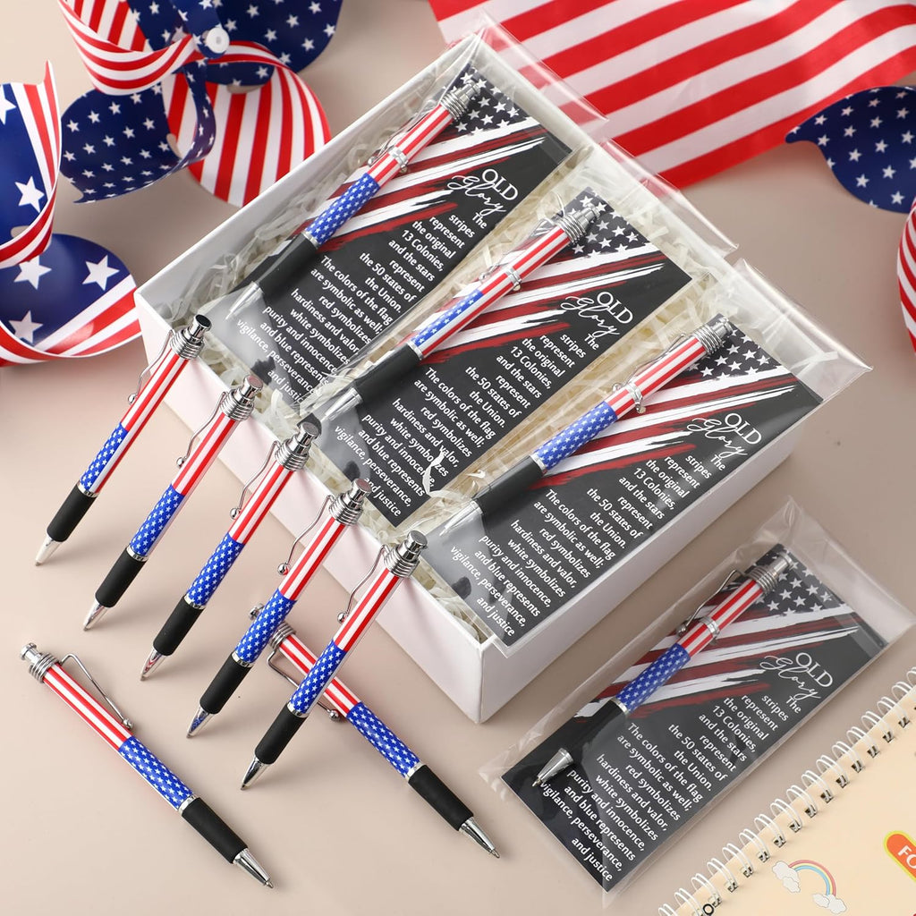 300 Sets Veterans Day Gifts Bulk American Flag Ballpoint Pens USA Patriotic Themed Black Ink Retractable Pen Stars Stripes Bookmarks Cards Stationery for Home Office Party Supplies Souvenirs
