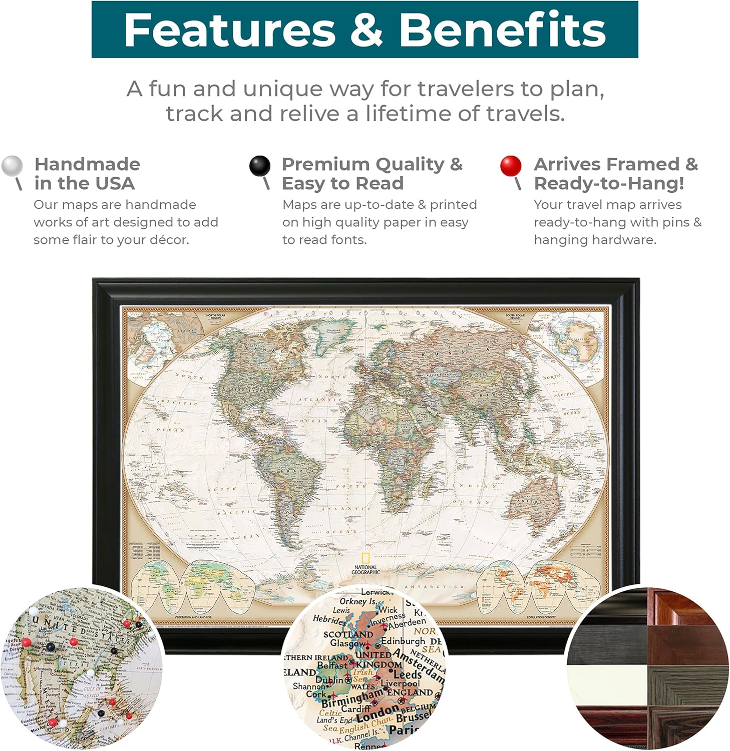 Push Pin Travel Maps Customizable Wall Art - Executive World - Solid Wood Brown - Framed Pin Map, Includes 150 Pins - Handcrafted in USA - 27.5" x 39.5"