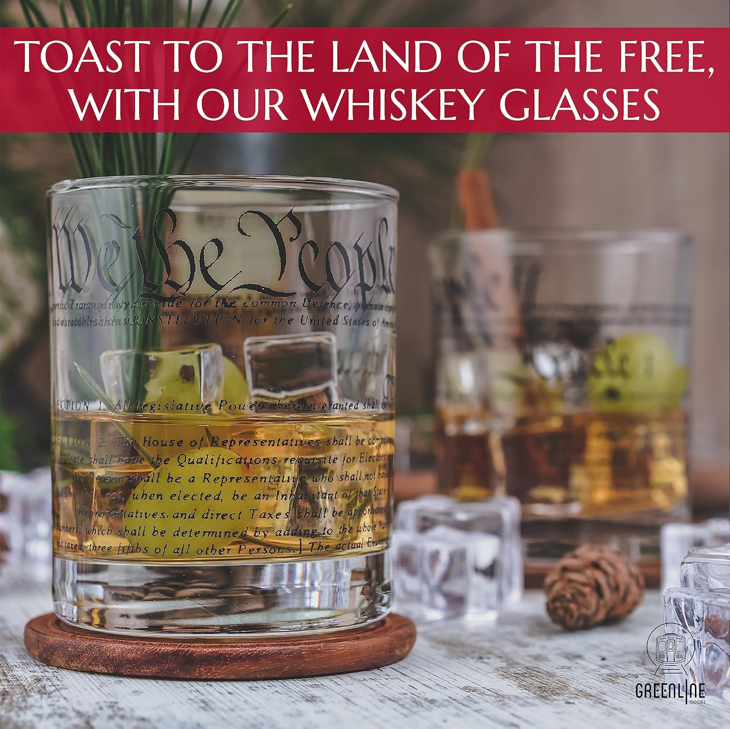 Greenline Goods Whiskey Glasses – United States Constitution We The People (Set of 2) - 10 oz Tumblers - American US Patriotic Gift Set - Old Fashioned Cocktail Glasses
