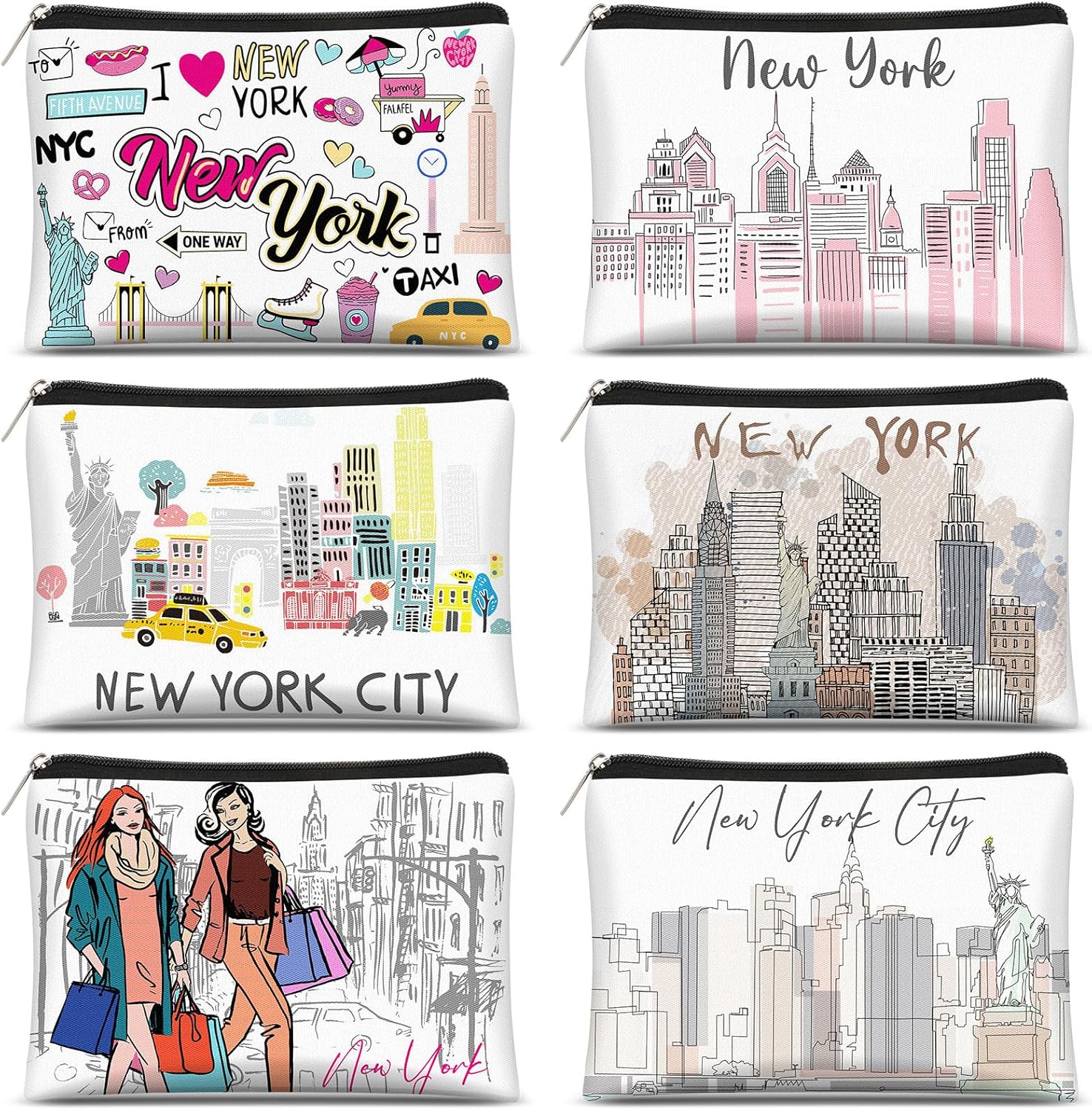 Reginary 6 Pcs City Cosmetic Bag Souvenir Gifts New York Zipper Pouch Chicago Souvenir Seattle Boston Nashville London Paris Italy Alaska Gifts Memento for Women Traveler(New York)