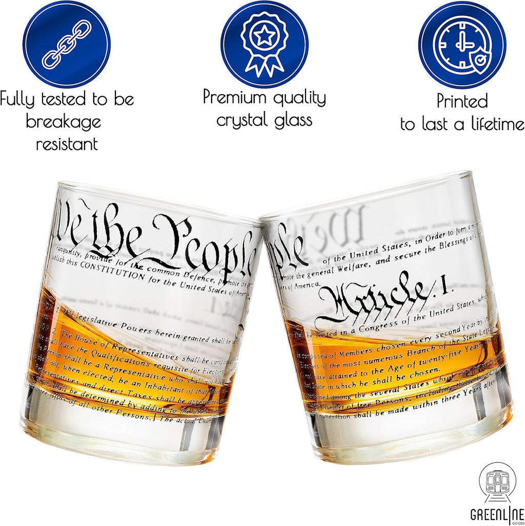 Greenline Goods Whiskey Glasses – United States Constitution We The People (Set of 2) - 10 oz Tumblers - American US Patriotic Gift Set - Old Fashioned Cocktail Glasses
