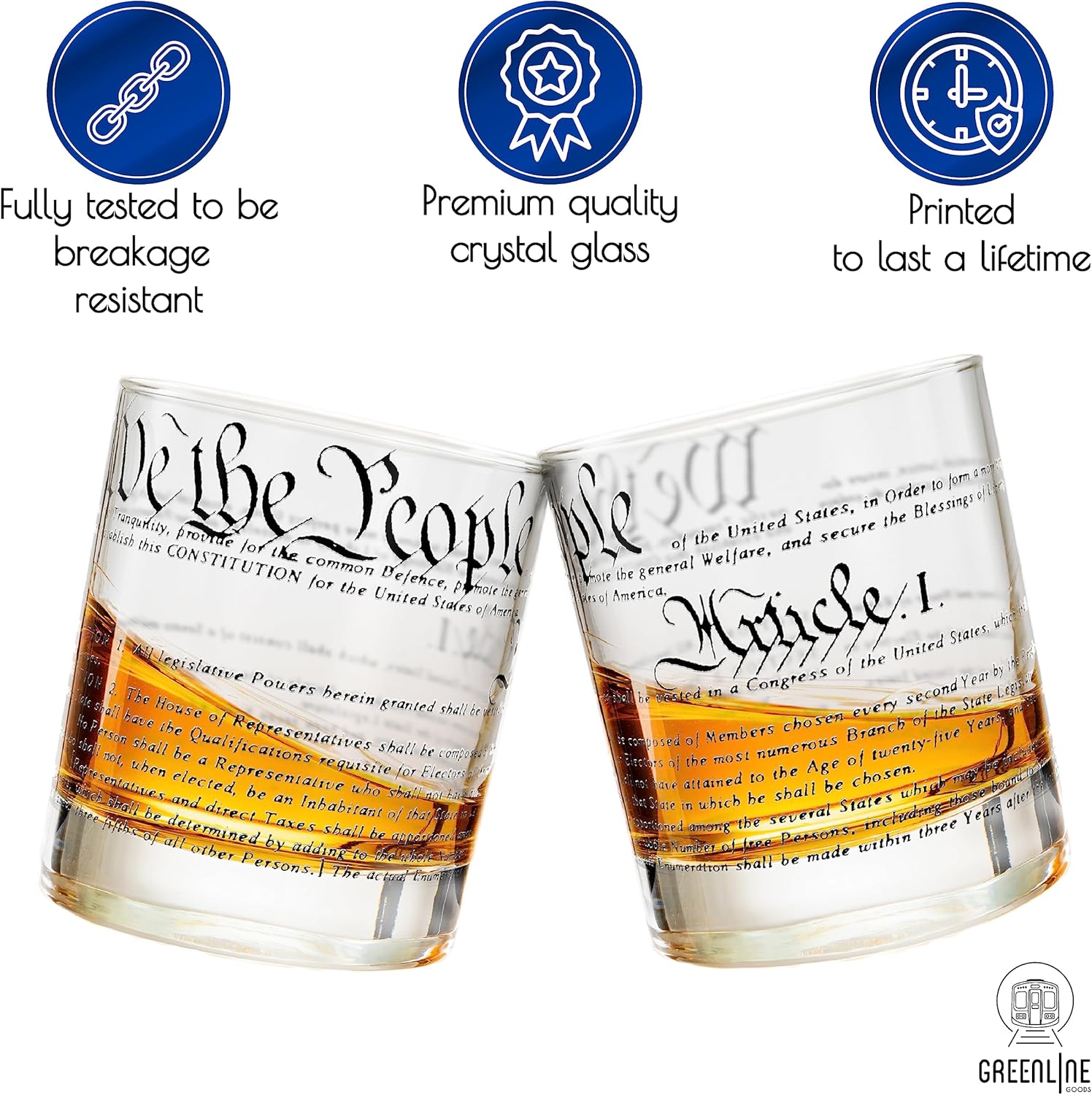 Greenline Goods Whiskey Glasses – United States Constitution We The People (Set of 2) - 10 oz Tumblers - American US Patriotic Gift Set - Old Fashioned Cocktail Glasses