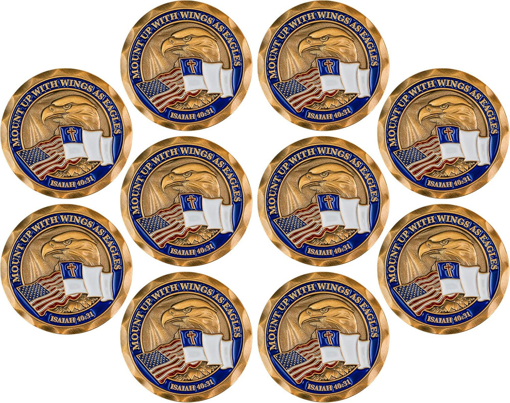Mount Up with Wings as Eagles, Bulk Pack of 10 Christian Coin Tokens, Collectible Religious American Flag Military Challenge Coin Souvenir, Antique Gold-Color Plated Bald Eagle Gift, Isaiah 40:33