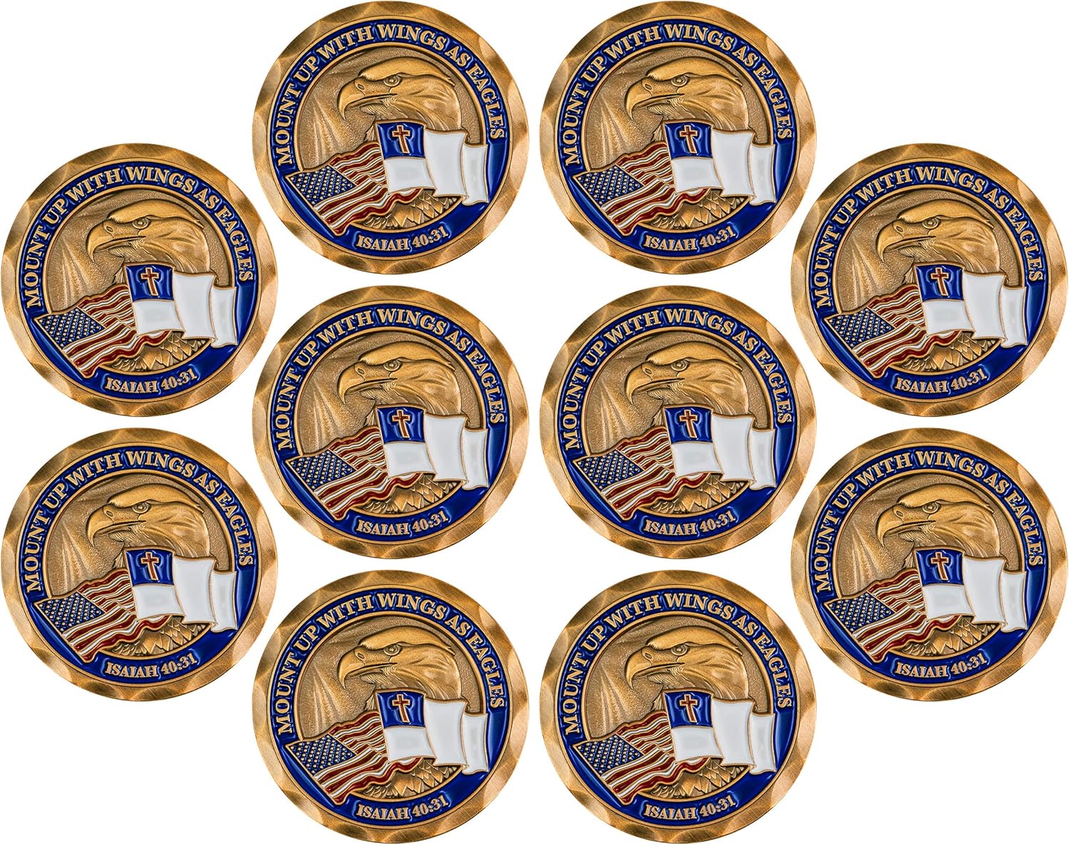 Mount Up with Wings as Eagles, Bulk Pack of 10 Christian Coin Tokens, Collectible Religious American Flag Military Challenge Coin Souvenir, Antique Gold-Color Plated Bald Eagle Gift, Isaiah 40:33